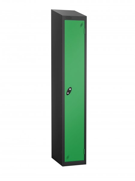 Single Metal Storage Locker | Single Door | 1780 x 305 x 305mm | Black Carcass | Green Door | Cam Lock | Sloping Top | Probe