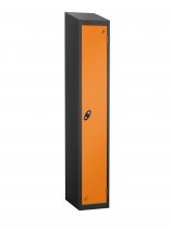 Single Metal Storage Locker | Single Door | 1780 x 305 x 305mm | Black Carcass | Orange Door | Cam Lock | Sloping Top | Probe