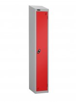 Single Metal Storage Locker | Single Door | 1780 x 305 x 305mm | Silver Carcass | Red Door | Cam Lock | Sloping Top | Probe