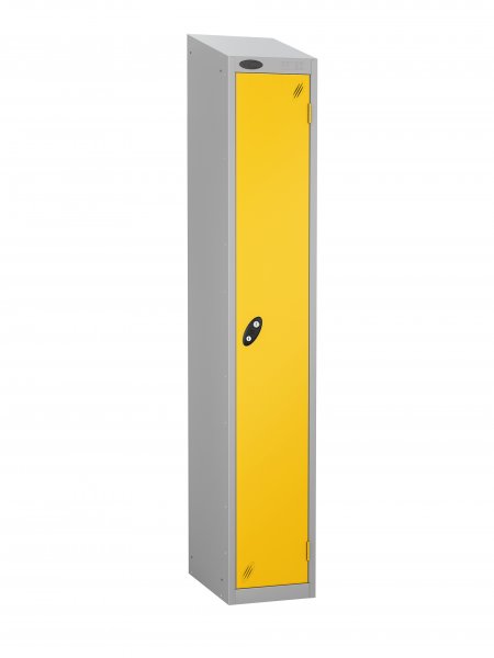 Single Metal Storage Locker | Single Door | 1780 x 305 x 305mm | Silver Carcass | Yellow Door | Cam Lock | Sloping Top | Probe