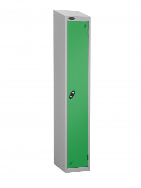 Single Metal Storage Locker | Single Door | 1780 x 305 x 305mm | Silver Carcass | Green Door | Cam Lock | Sloping Top | Probe