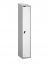 Single Metal Storage Locker | Single Door | 1780 x 305 x 305mm | Silver Carcass | White Door | Cam Lock | Sloping Top | Probe