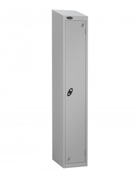 Single Metal Storage Locker | Single Door | 1780 x 305 x 305mm | Silver Carcass | Silver Door | Cam Lock | Sloping Top | Probe