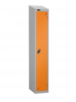 Single Metal Storage Locker | Single Door | 1780 x 305 x 305mm | Silver Carcass | Orange Door | Cam Lock | Sloping Top | Probe