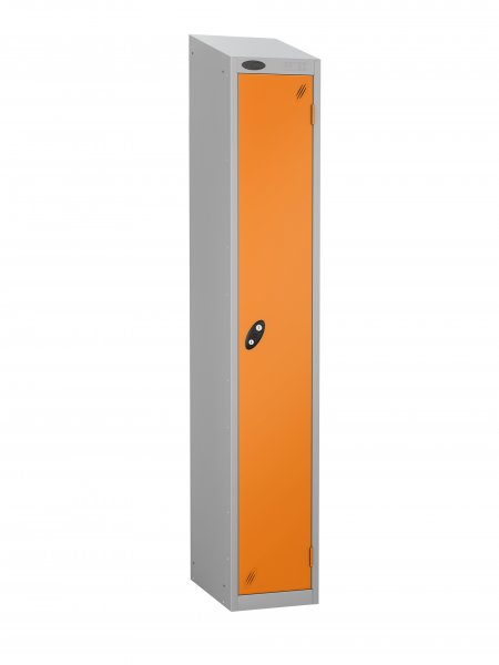 Single Metal Storage Locker | Single Door | 1780 x 305 x 305mm | Silver Carcass | Orange Door | Cam Lock | Sloping Top | Probe