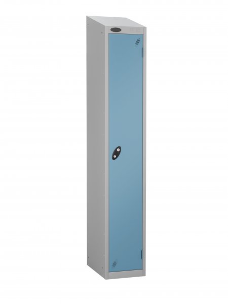 Single Metal Storage Locker | Single Door | 1780 x 305 x 305mm | Silver Carcass | Ocean Door | Cam Lock | Sloping Top | Probe