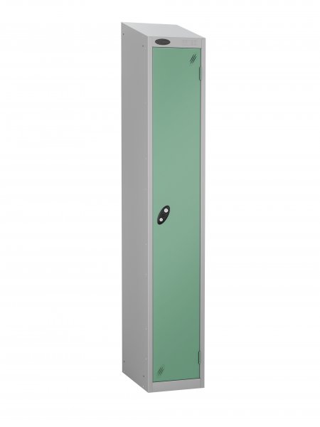 Single Metal Storage Locker | Single Door | 1780 x 305 x 305mm | Silver Carcass | Jade Door | Cam Lock | Sloping Top | Probe