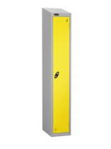 Single Metal Storage Locker | Single Door | 1780 x 305 x 305mm | Silver Carcass | Lemon Door | Cam Lock | Sloping Top | Probe