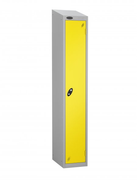 Single Metal Storage Locker | Single Door | 1780 x 305 x 305mm | Silver Carcass | Lemon Door | Cam Lock | Sloping Top | Probe