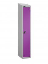 Single Metal Storage Locker | Single Door | 1780 x 305 x 305mm | Silver Carcass | Lilac Door | Cam Lock | Sloping Top | Probe