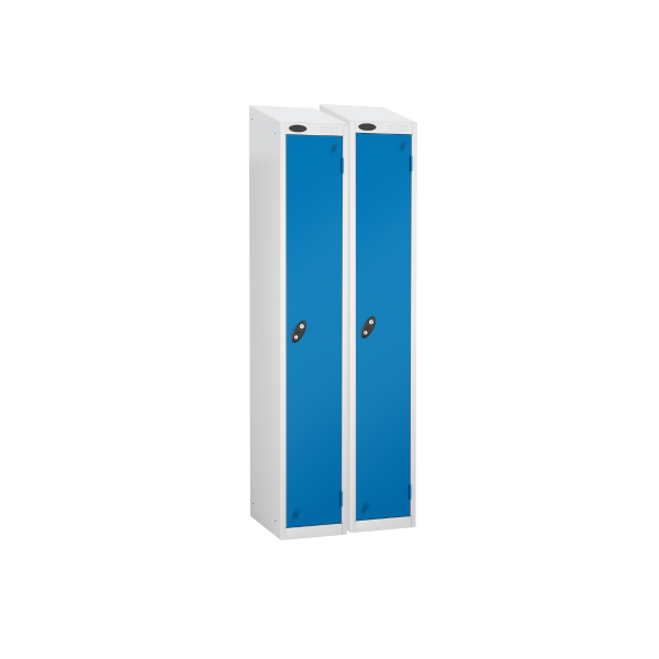 Nest of 2 Metal Storage Lockers | Single Door | 1780 x 305 x 305mm | White Carcass | Blue Door | Cam Lock | Sloping Top | Probe