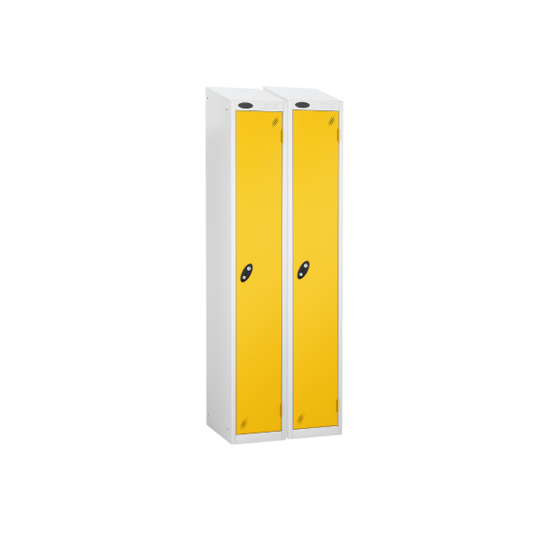 Nest of 2 Metal Storage Lockers | Single Door | 1780 x 305 x 305mm | White Carcass | Yellow Door | Cam Lock | Sloping Top | Probe