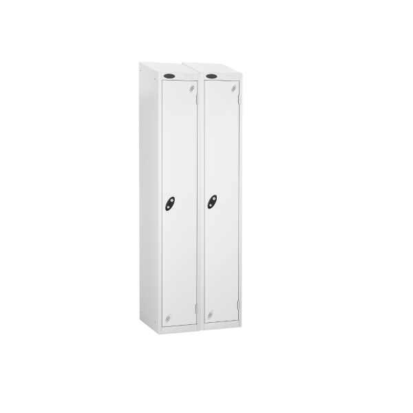 Nest of 2 Metal Storage Lockers | Single Door | 1780 x 305 x 305mm | White Carcass | White Door | Cam Lock | Sloping Top | Probe