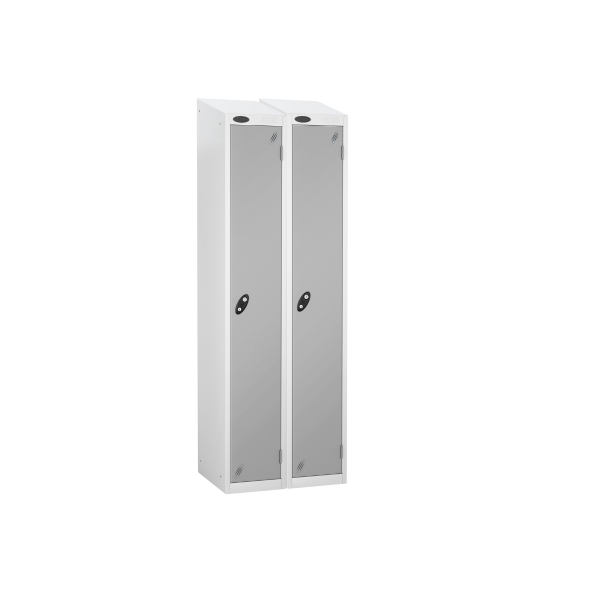 Nest of 2 Metal Storage Lockers | Single Door | 1780 x 305 x 305mm | White Carcass | Silver Door | Cam Lock | Sloping Top | Probe