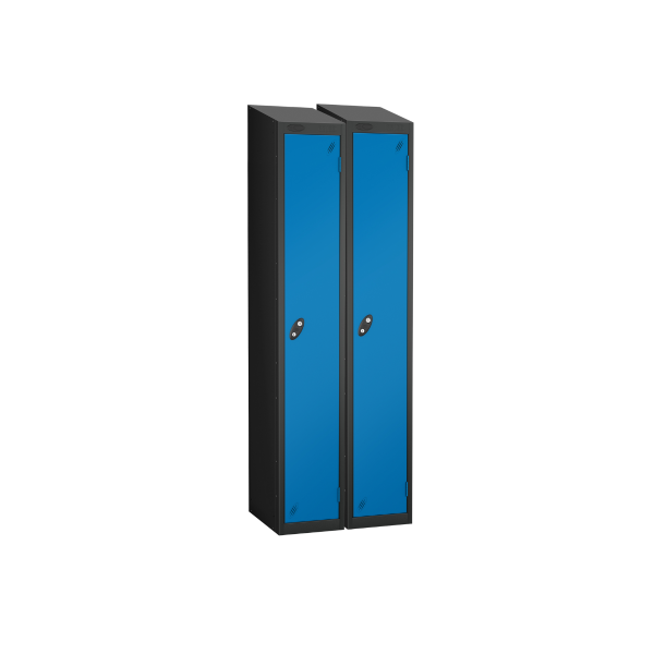 Nest of 2 Metal Storage Lockers | Single Door | 1780 x 305 x 305mm | Black Carcass | Blue Door | Cam Lock | Sloping Top | Probe