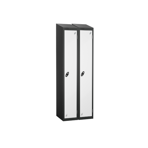 Nest of 2 Metal Storage Lockers | Single Door | 1780 x 305 x 305mm | Black Carcass | White Door | Cam Lock | Sloping Top | Probe