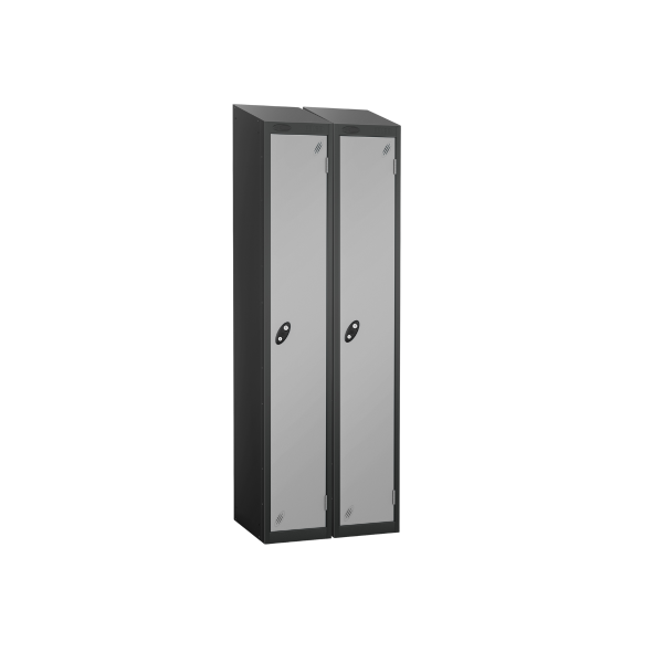 Nest of 2 Metal Storage Lockers | Single Door | 1780 x 305 x 305mm | Black Carcass | Silver Door | Cam Lock | Sloping Top | Probe