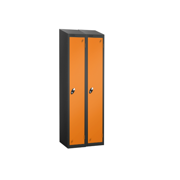 Nest of 2 Metal Storage Lockers | Single Door | 1780 x 305 x 305mm | Black Carcass | Orange Door | Cam Lock | Sloping Top | Probe