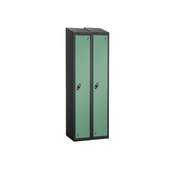 Nest of 2 Metal Storage Lockers | Single Door | 1780 x 305 x 305mm | Black Carcass | Jade Door | Cam Lock | Sloping Top | Probe