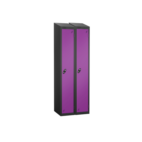 Nest of 2 Metal Storage Lockers | Single Door | 1780 x 305 x 305mm | Black Carcass | Lilac Door | Cam Lock | Sloping Top | Probe