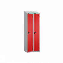 Nest of 2 Metal Storage Lockers | Single Door | 1780 x 305 x 305mm | Silver Carcass | Red Door | Cam Lock | Sloping Top | Probe