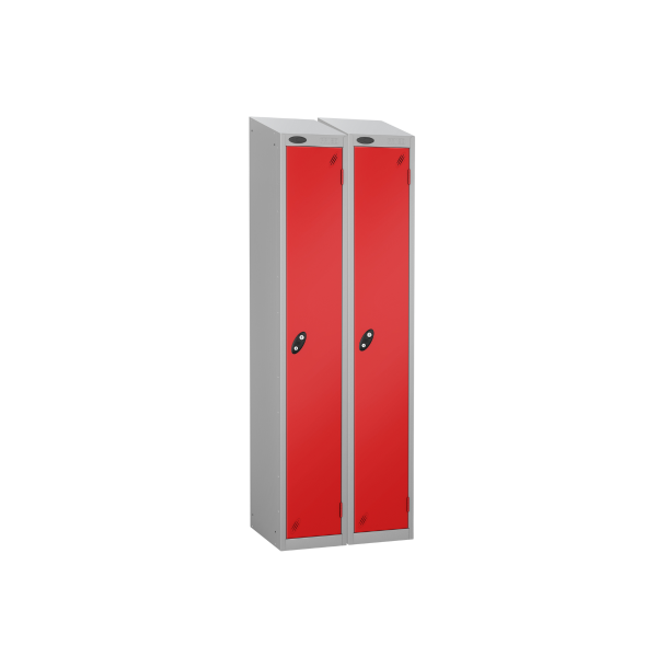 Nest of 2 Metal Storage Lockers | Single Door | 1780 x 305 x 305mm | Silver Carcass | Red Door | Cam Lock | Sloping Top | Probe