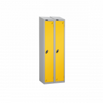 Nest of 2 Metal Storage Lockers | Single Door | 1780 x 305 x 305mm | Silver Carcass | Yellow Door | Cam Lock | Sloping Top | Probe