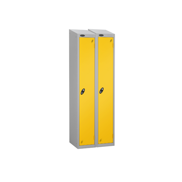 Nest of 2 Metal Storage Lockers | Single Door | 1780 x 305 x 305mm | Silver Carcass | Yellow Door | Cam Lock | Sloping Top | Probe