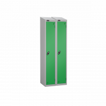 Nest of 2 Metal Storage Lockers | Single Door | 1780 x 305 x 305mm | Silver Carcass | Green Door | Cam Lock | Sloping Top | Probe