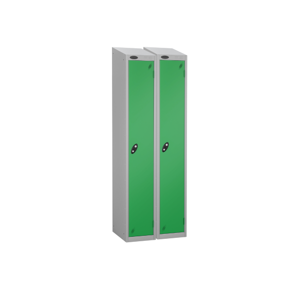 Nest of 2 Metal Storage Lockers | Single Door | 1780 x 305 x 305mm | Silver Carcass | Green Door | Cam Lock | Sloping Top | Probe