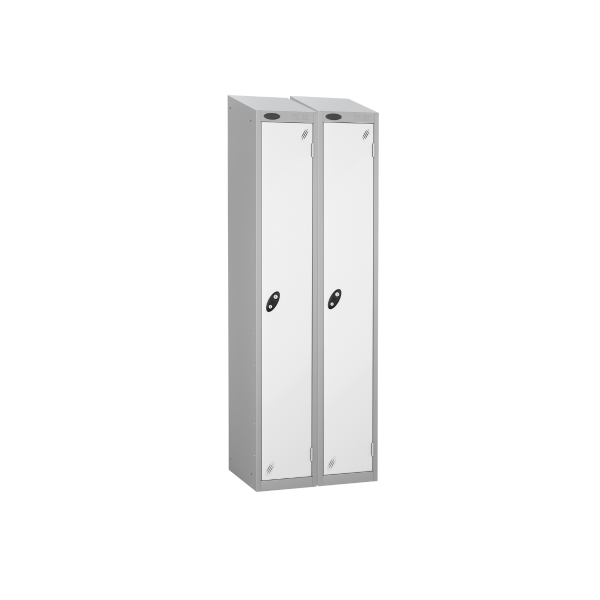 Nest of 2 Metal Storage Lockers | Single Door | 1780 x 305 x 305mm | Silver Carcass | White Door | Cam Lock | Sloping Top | Probe