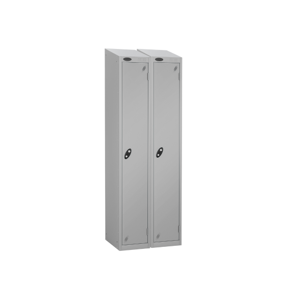 Nest of 2 Metal Storage Lockers | Single Door | 1780 x 305 x 305mm | Silver Carcass | Silver Door | Cam Lock | Sloping Top | Probe