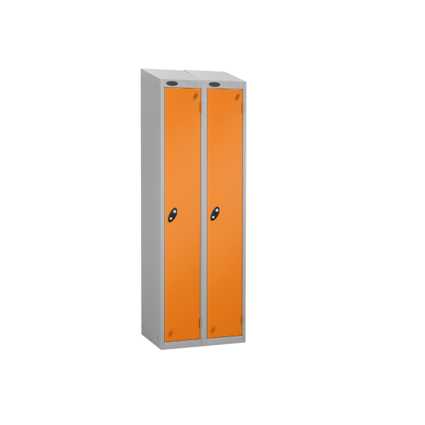 Nest of 2 Metal Storage Lockers | Single Door | 1780 x 305 x 305mm | Silver Carcass | Orange Door | Cam Lock | Sloping Top | Probe