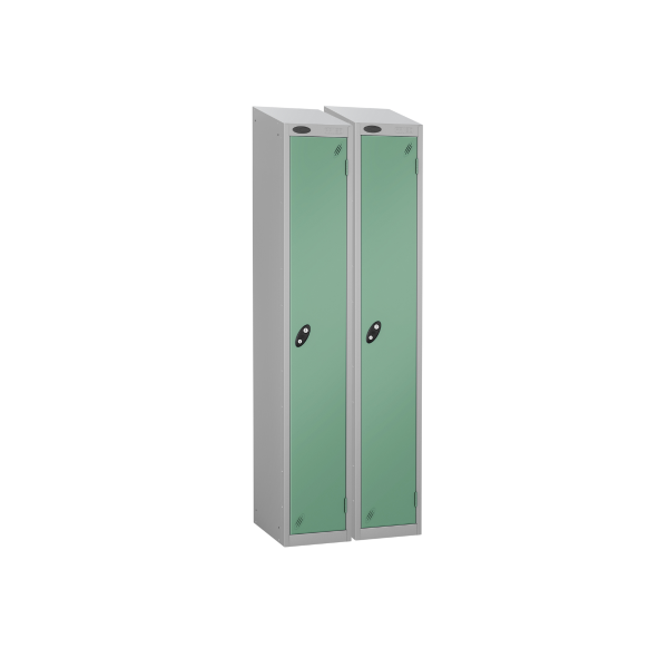 Nest of 2 Metal Storage Lockers | Single Door | 1780 x 305 x 305mm | Silver Carcass | Jade Door | Cam Lock | Sloping Top | Probe