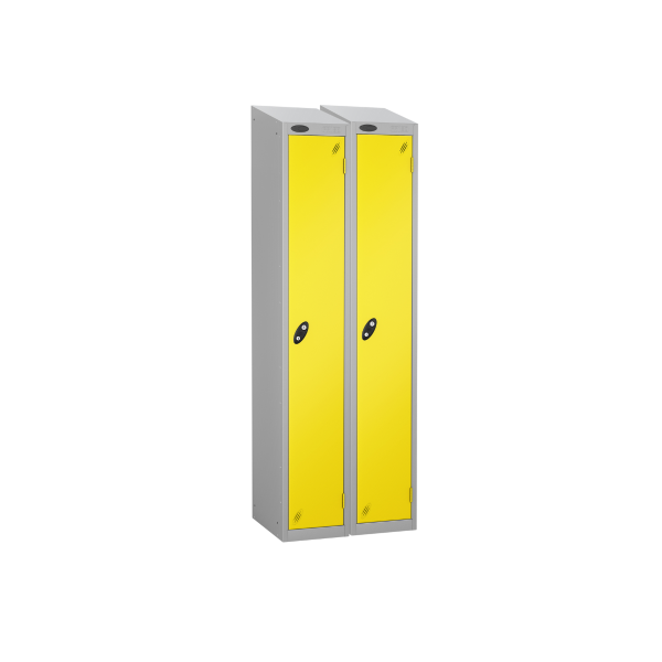 Nest of 2 Metal Storage Lockers | Single Door | 1780 x 305 x 305mm | Silver Carcass | Lemon Door | Cam Lock | Sloping Top | Probe