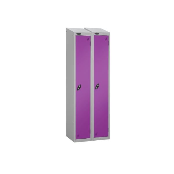 Nest of 2 Metal Storage Lockers | Single Door | 1780 x 305 x 305mm | Silver Carcass | Lilac Door | Cam Lock | Sloping Top | Probe