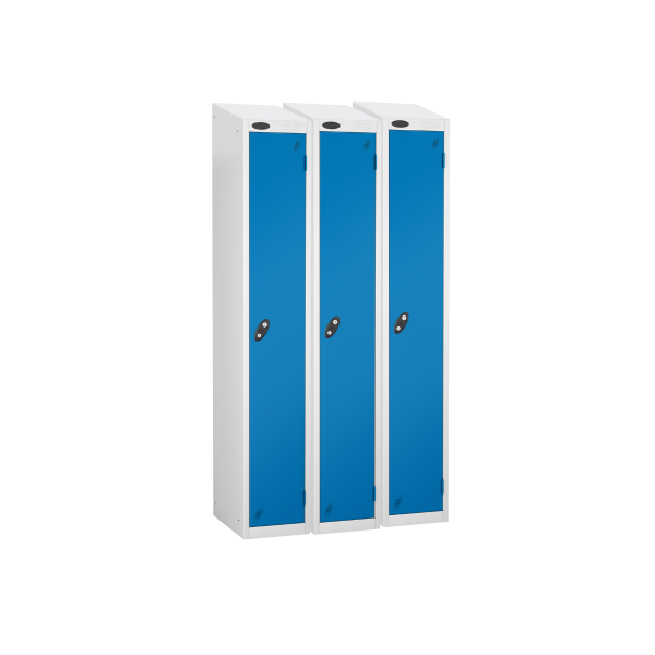 Nest of 3 Metal Storage Lockers | Single Door | 1780 x 305 x 305mm | White Carcass | Blue Door | Cam Lock | Sloping Top | Probe