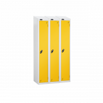 Nest of 3 Metal Storage Lockers | Single Door | 1780 x 305 x 305mm | White Carcass | Yellow Door | Cam Lock | Sloping Top | Probe