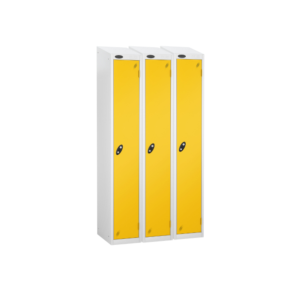 Nest of 3 Metal Storage Lockers | Single Door | 1780 x 305 x 305mm | White Carcass | Yellow Door | Cam Lock | Sloping Top | Probe