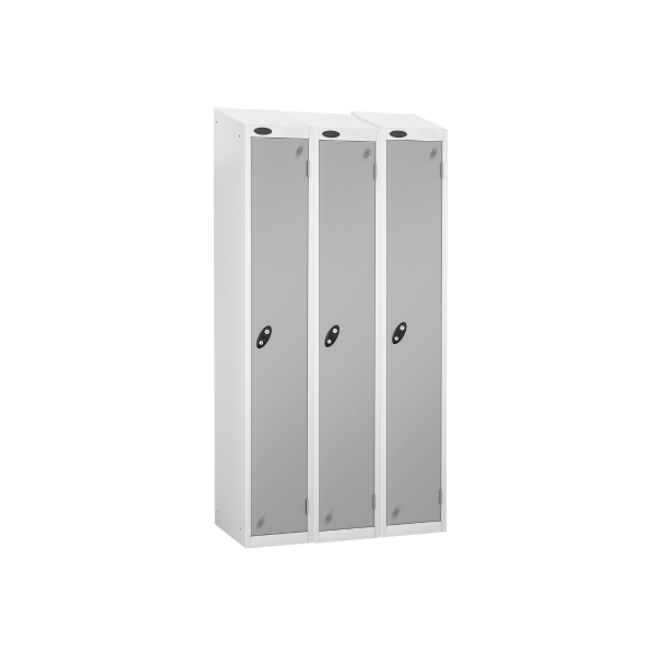 Nest of 3 Metal Storage Lockers | Single Door | 1780 x 305 x 305mm | White Carcass | Silver Door | Cam Lock | Sloping Top | Probe