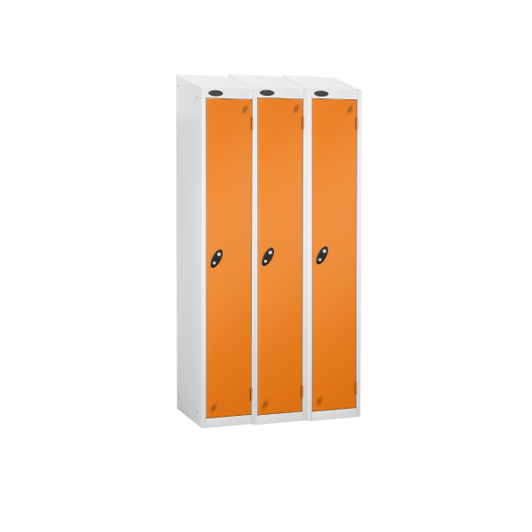 Nest of 3 Metal Storage Lockers | Single Door | 1780 x 305 x 305mm | White Carcass | Orange Door | Cam Lock | Sloping Top | Probe