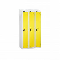 Nest of 3 Metal Storage Lockers | Single Door | 1780 x 305 x 305mm | White Carcass | Lemon Door | Cam Lock | Sloping Top | Probe