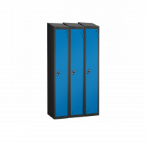 Nest of 3 Metal Storage Lockers | Single Door | 1780 x 305 x 305mm | Black Carcass | Blue Door | Cam Lock | Sloping Top | Probe