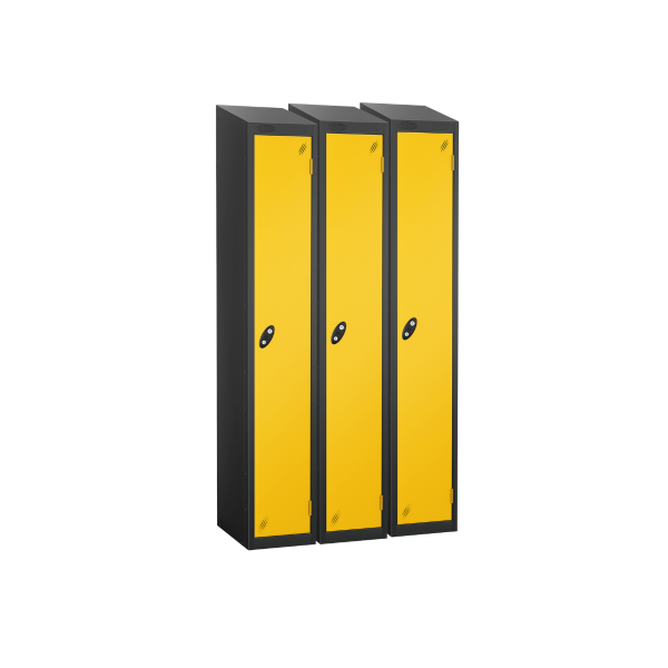 Nest of 3 Metal Storage Lockers | Single Door | 1780 x 305 x 305mm | Black Carcass | Yellow Door | Cam Lock | Sloping Top | Probe