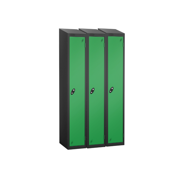 Nest of 3 Metal Storage Lockers | Single Door | 1780 x 305 x 305mm | Black Carcass | Green Door | Cam Lock | Sloping Top | Probe