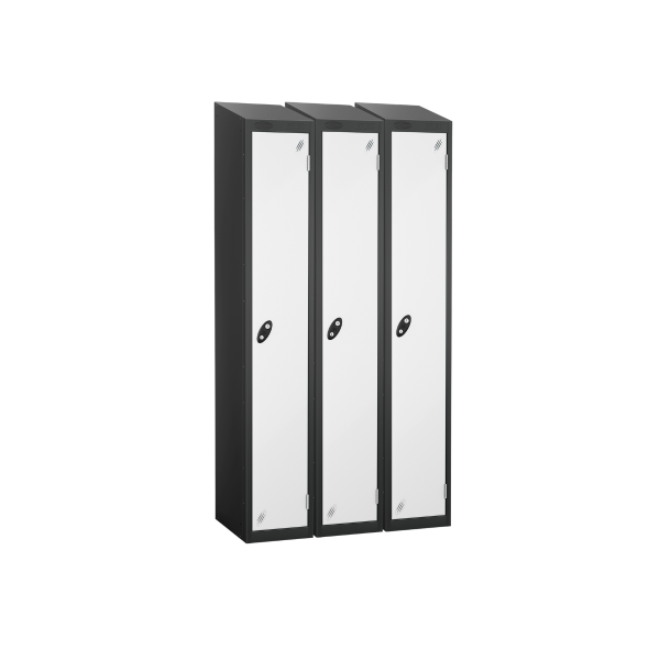 Nest of 3 Metal Storage Lockers | Single Door | 1780 x 305 x 305mm | Black Carcass | White Door | Cam Lock | Sloping Top | Probe