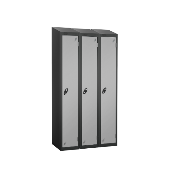 Nest of 3 Metal Storage Lockers | Single Door | 1780 x 305 x 305mm | Black Carcass | Silver Door | Cam Lock | Sloping Top | Probe