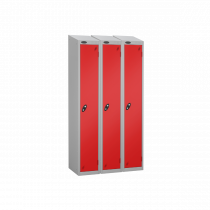 Nest of 3 Metal Storage Lockers | Single Door | 1780 x 305 x 305mm | Silver Carcass | Red Door | Cam Lock | Sloping Top | Probe