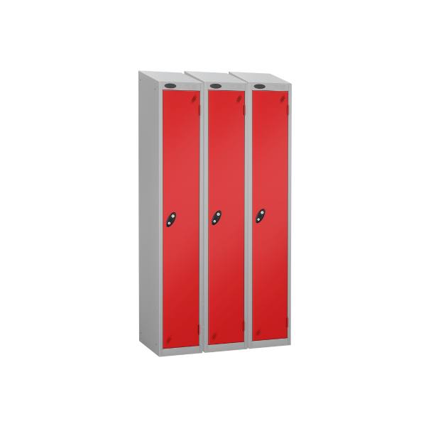 Nest of 3 Metal Storage Lockers | Single Door | 1780 x 305 x 305mm | Silver Carcass | Red Door | Cam Lock | Sloping Top | Probe