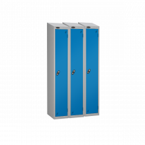 Nest of 3 Metal Storage Lockers | Single Door | 1780 x 305 x 305mm | Silver Carcass | Blue Door | Cam Lock | Sloping Top | Probe